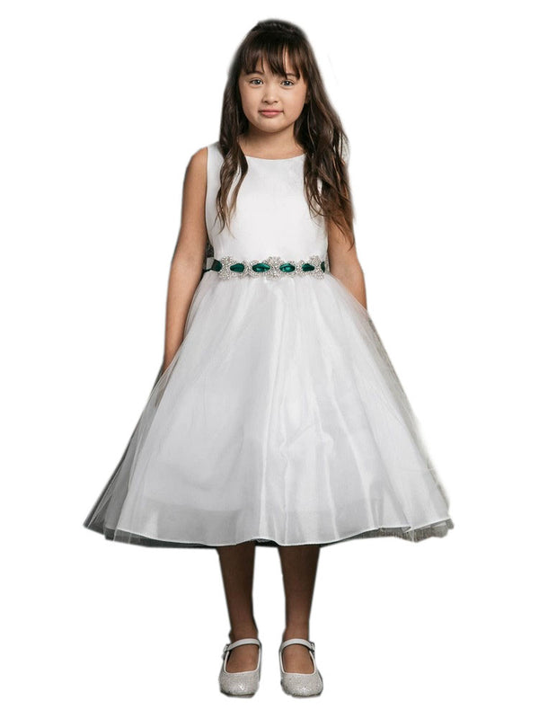 Petite Adele Big Girls Ivory Emerald Rhinestone Satin Tape Sash Waist Dress 8-16 - SophiasStyle.com